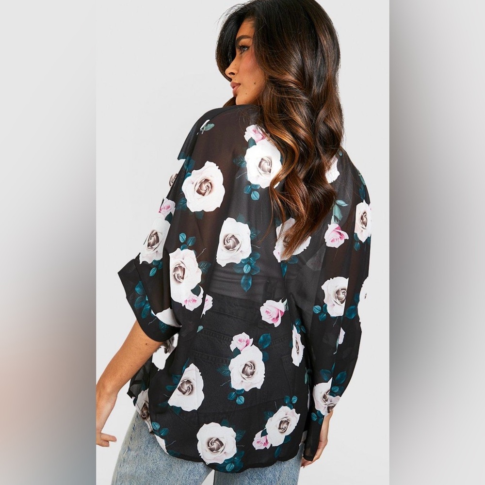 Rose Print Kimono Cardigan Floral Sheer Chiffon One Size